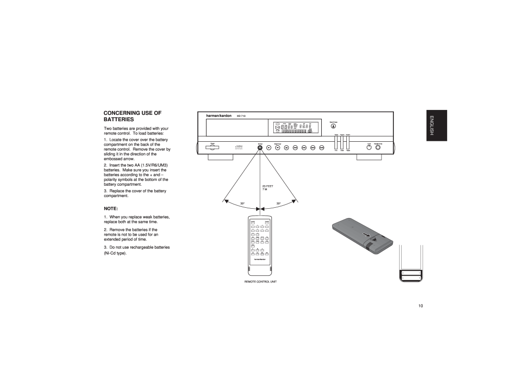 Harman-Kardon HD710 owner manual Concerning Use Of Batteries, English 