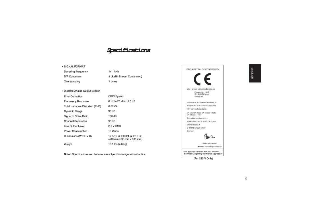 Harman-Kardon HD710 owner manual Specifications, English 