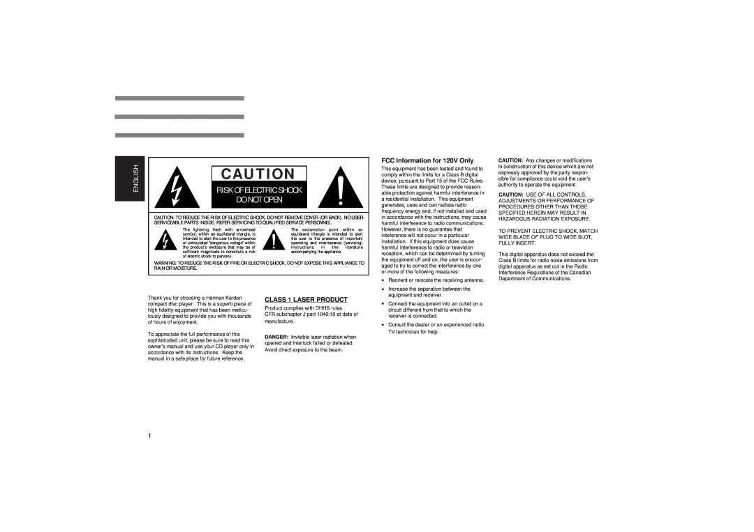 Harman-Kardon HD710 owner manual Risk Of Electric Shock, Do Not Open, English 