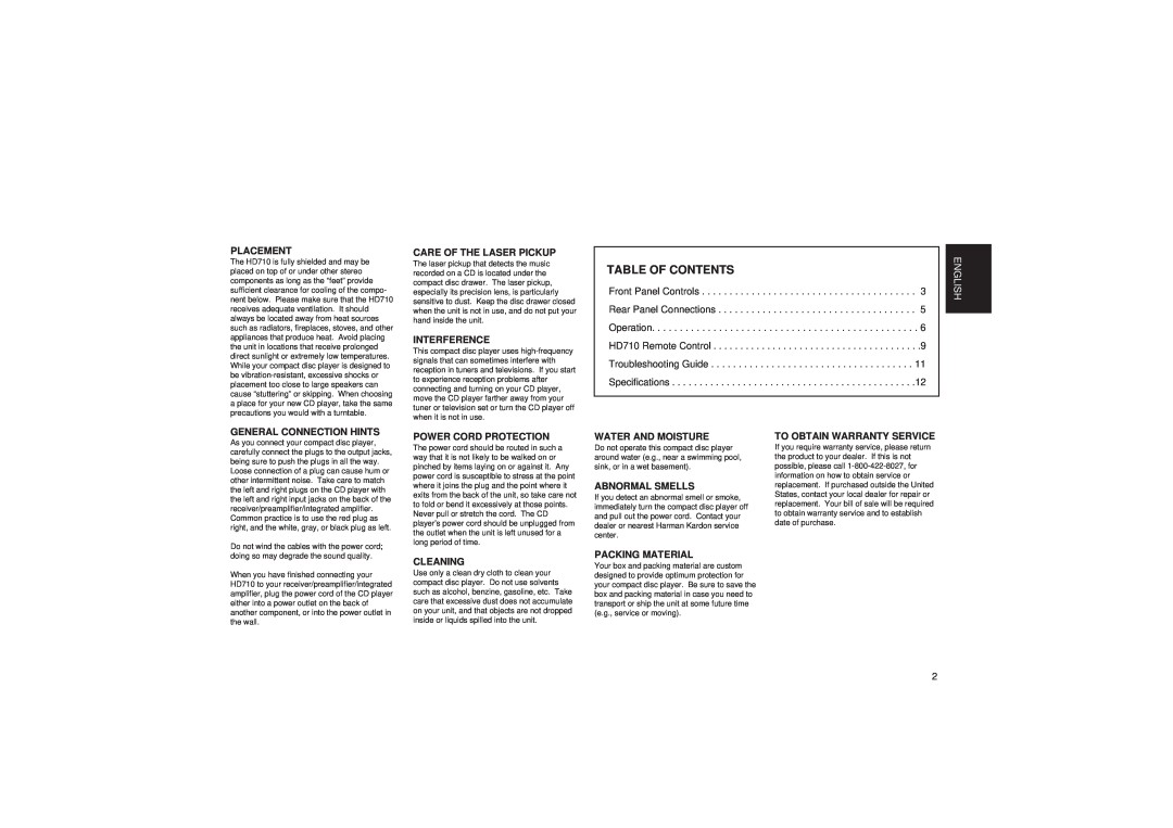 Harman-Kardon HD710 owner manual Table Of Contents 