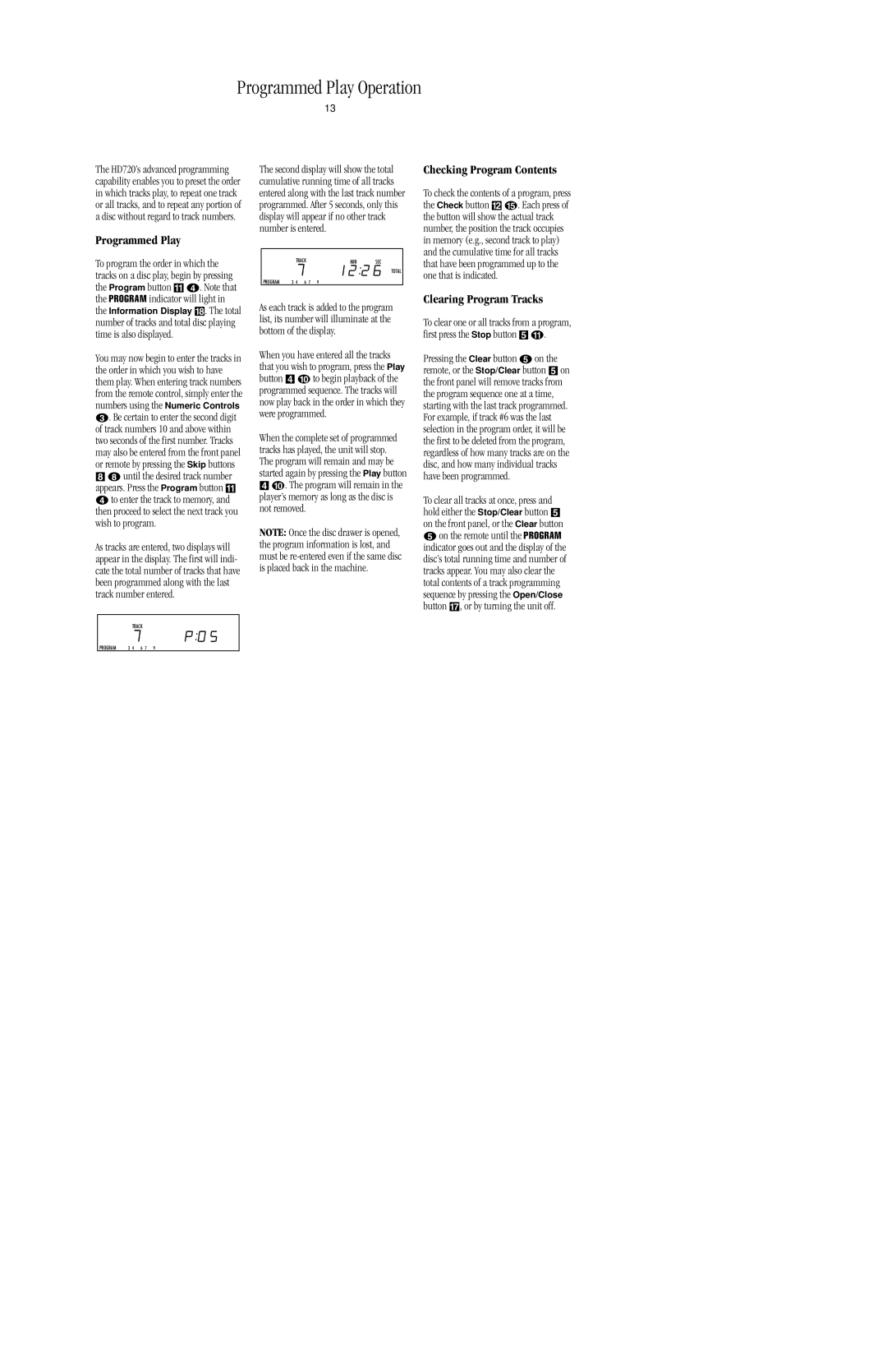 Harman-Kardon HD720 owner manual Programmed Play Operation, Checking Program Contents, Clearing Program Tracks 