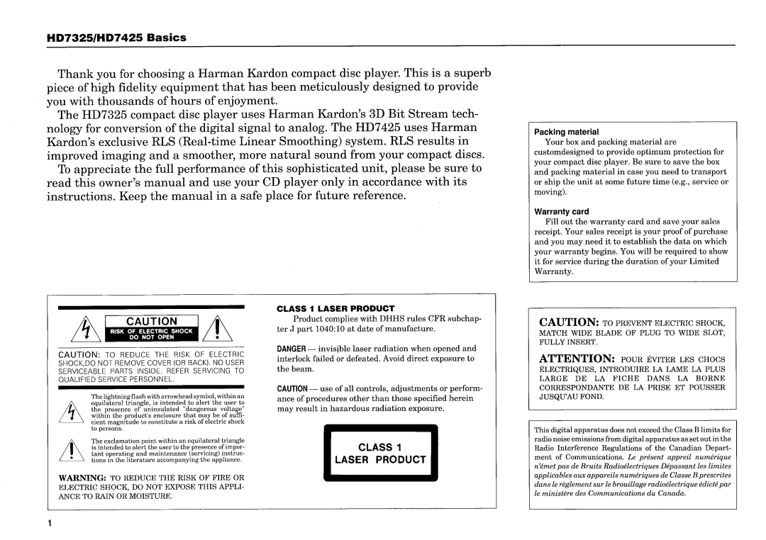 Harman-Kardon HD7325, HD7425 manual 