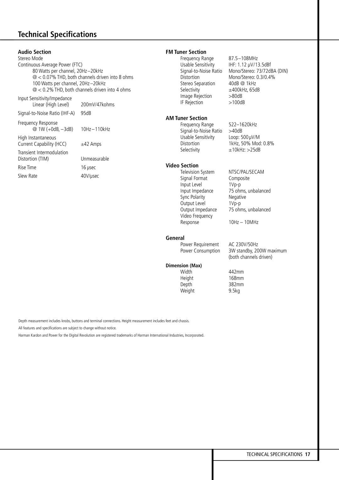 Harman-Kardon HK 3380 owner manual Technical Specifications, @ 1W +0dB, -3dB, Power Consumption, Dimension Max 