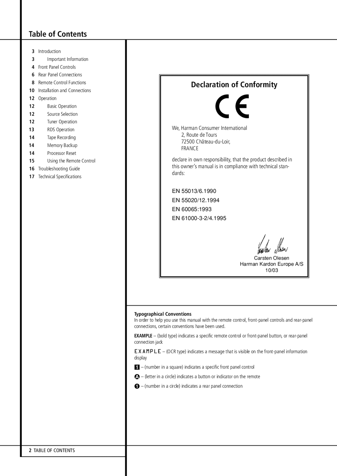 Harman-Kardon HK 3380 owner manual Table of Contents, Declaration of Conformity 