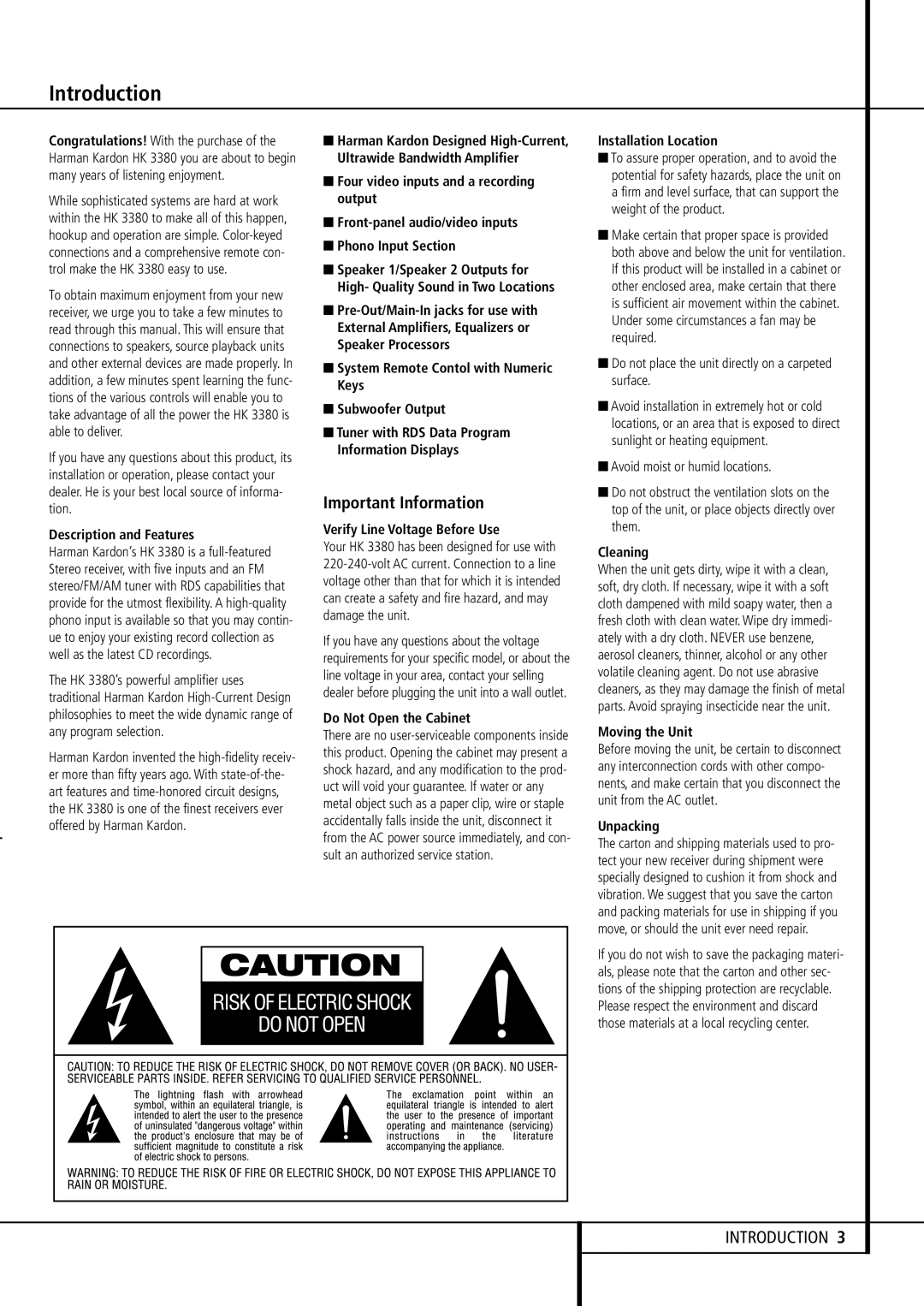 Harman-Kardon HK 3380 owner manual Introduction, Important Information 