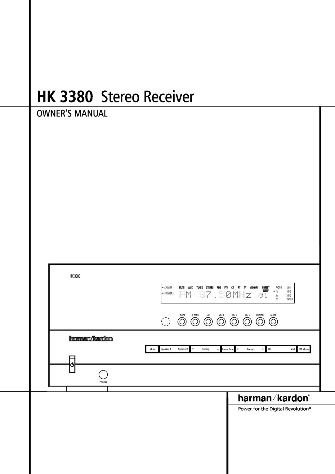 Harman-Kardon owner manual HK 3380 Stereo Receiver, Phono, Speaker, Sleep, Tape M 