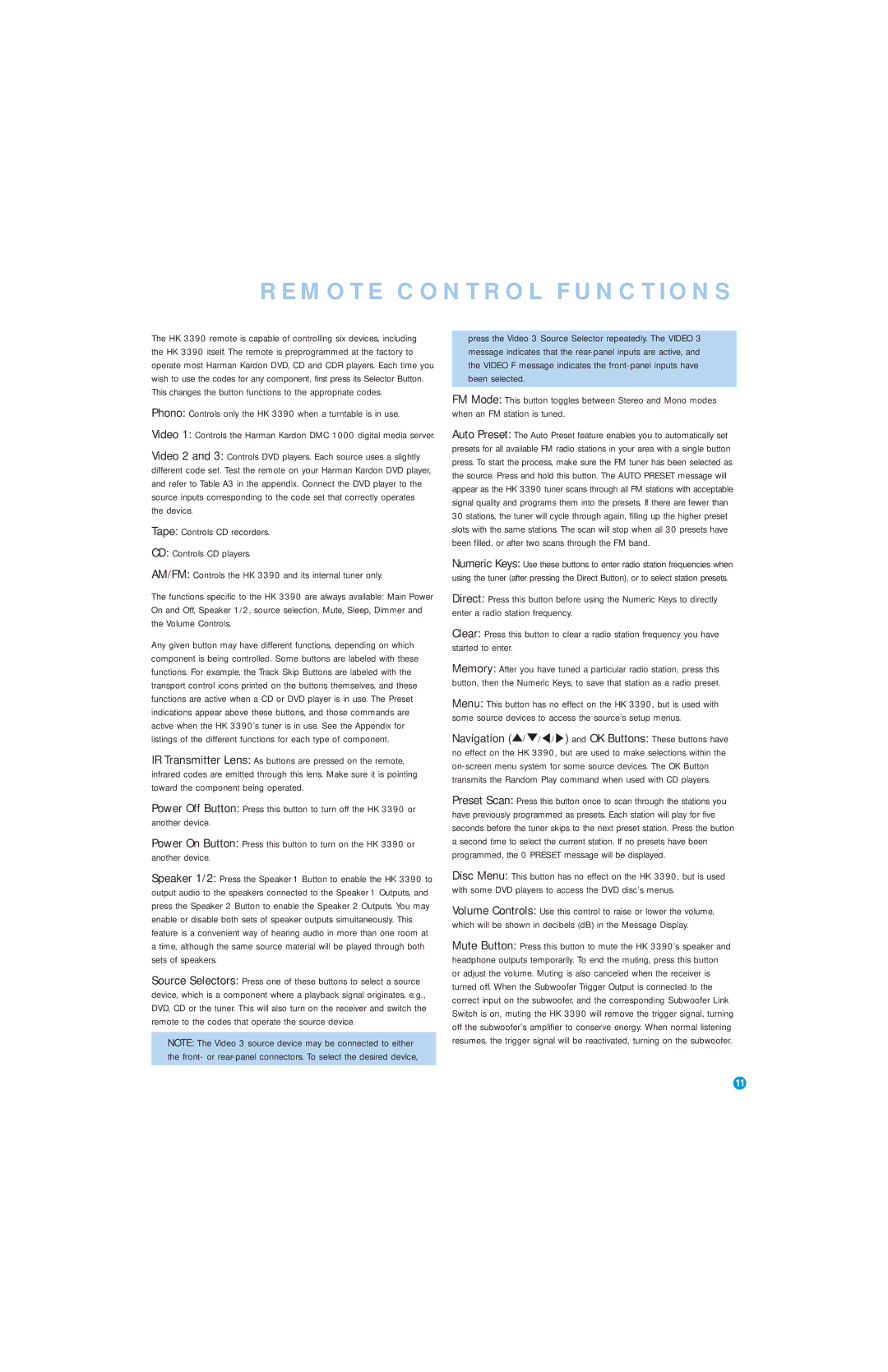 Harman-Kardon HK 3390 owner manual Remote Control Functions, Tape Controls CD recorders CD Controls CD players 