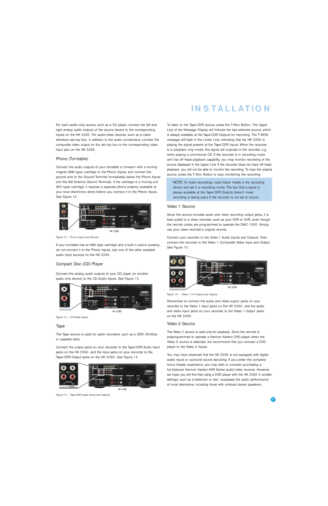 Harman-Kardon HK 3390 owner manual Phono Turntable, Compact Disc CD Player, Tape, Video 1 Source, Video 2 Source 