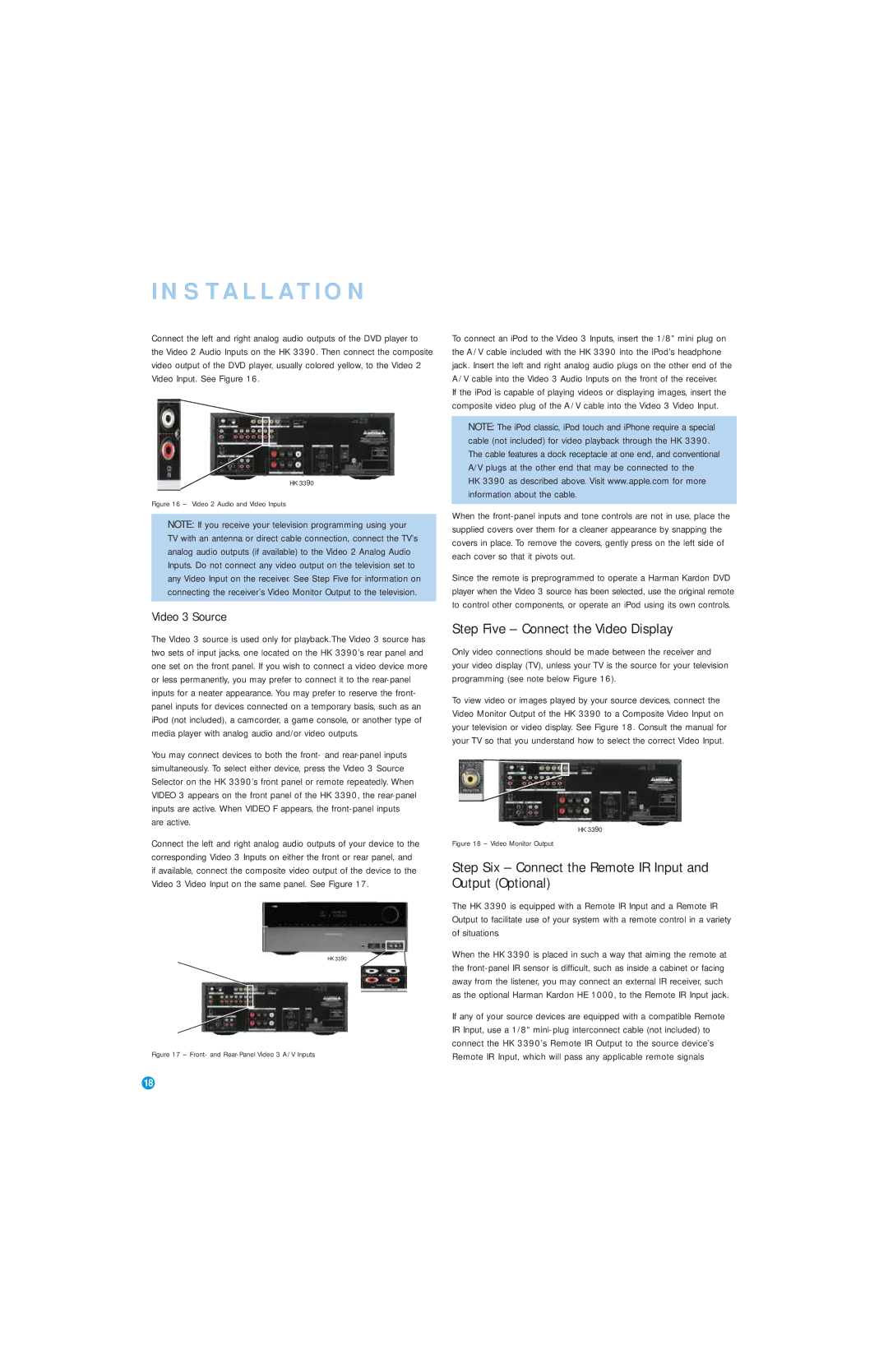 Harman-Kardon HK 3390 Step Five Connect the Video Display, Step Six Connect the Remote IR Input and Output Optional 