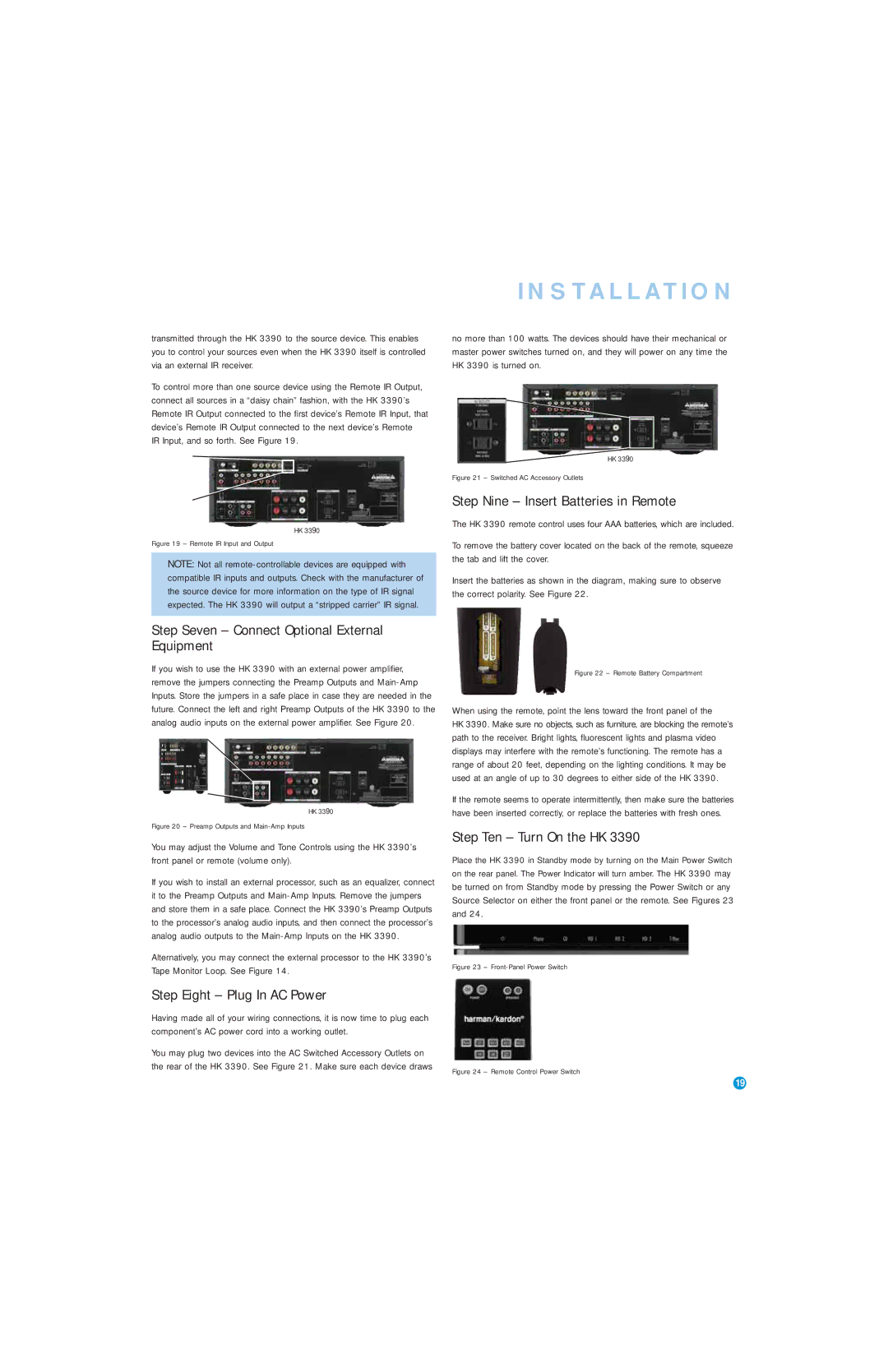 Harman-Kardon HK 3390 owner manual Step Seven Connect Optional External Equipment, Step Nine Insert Batteries in Remote 