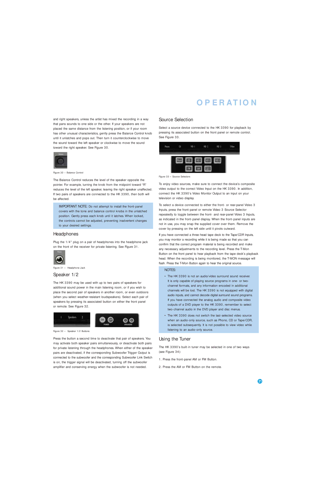 Harman-Kardon HK 3390 owner manual Headphones, Speaker 1/2, Source Selection, Using the Tuner 