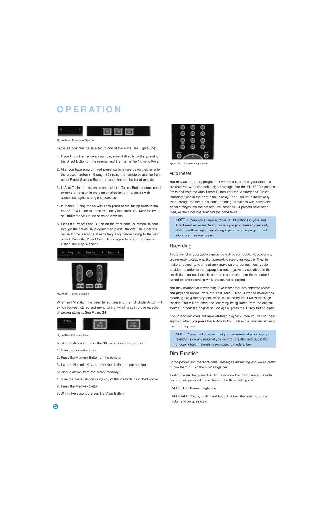 Harman-Kardon HK 3390 owner manual Recording, Dim Function, Auto Preset 