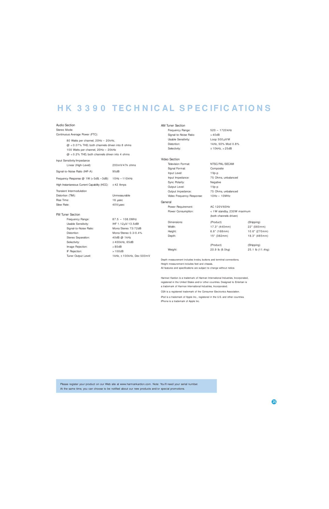 Harman-Kardon owner manual HK 3390 Technical Specifications, Ntsc/Pal/Secam 