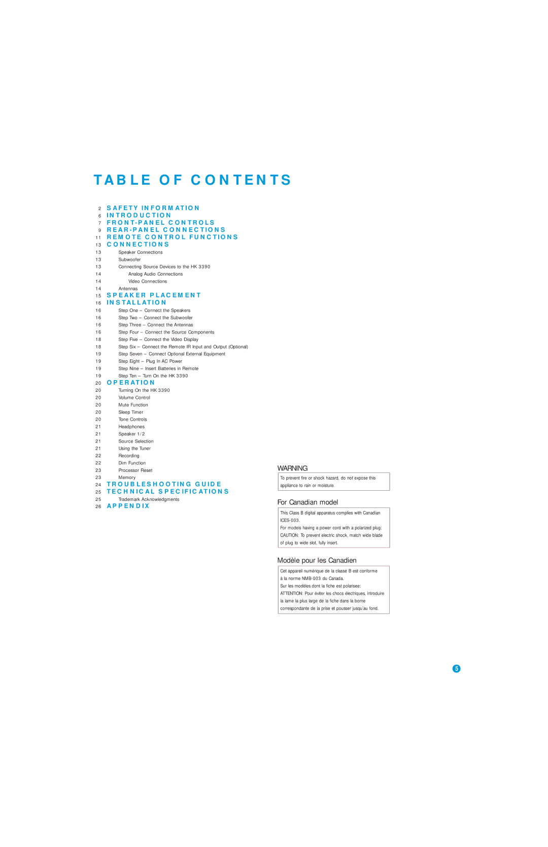 Harman-Kardon HK 3390 owner manual Table of Contents 