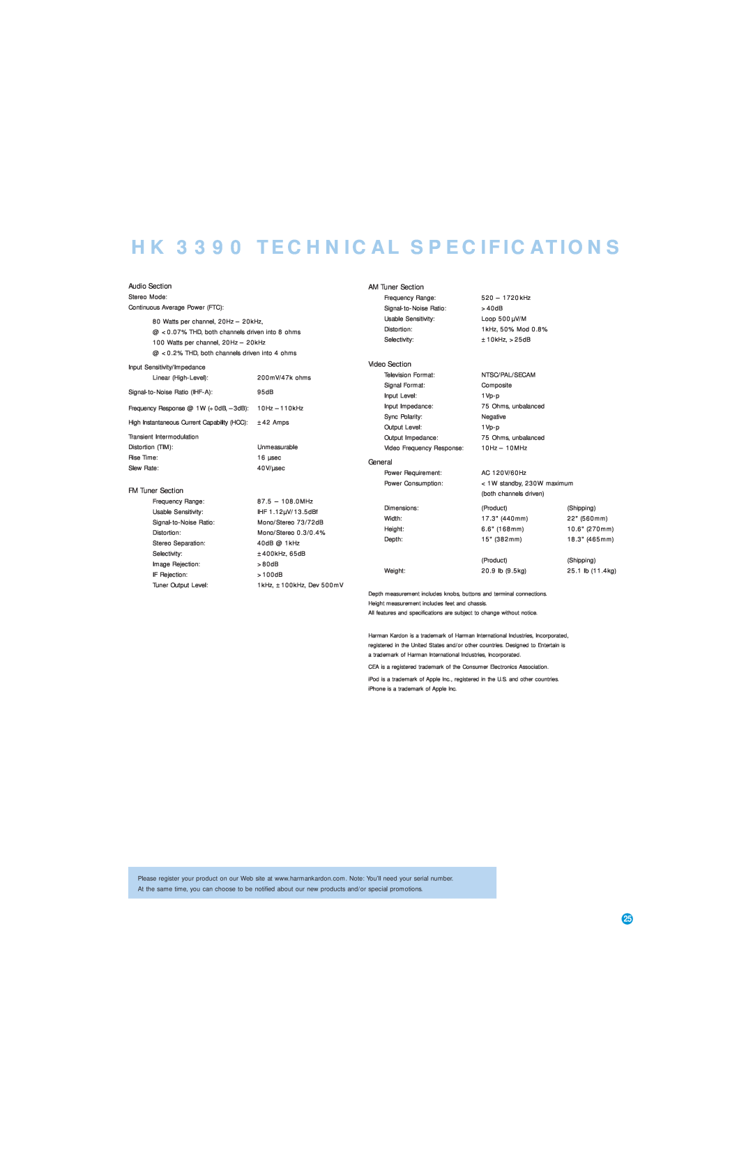 Harman-Kardon owner manual HK 3390 TECHNICAL SPECIFICATIONS 