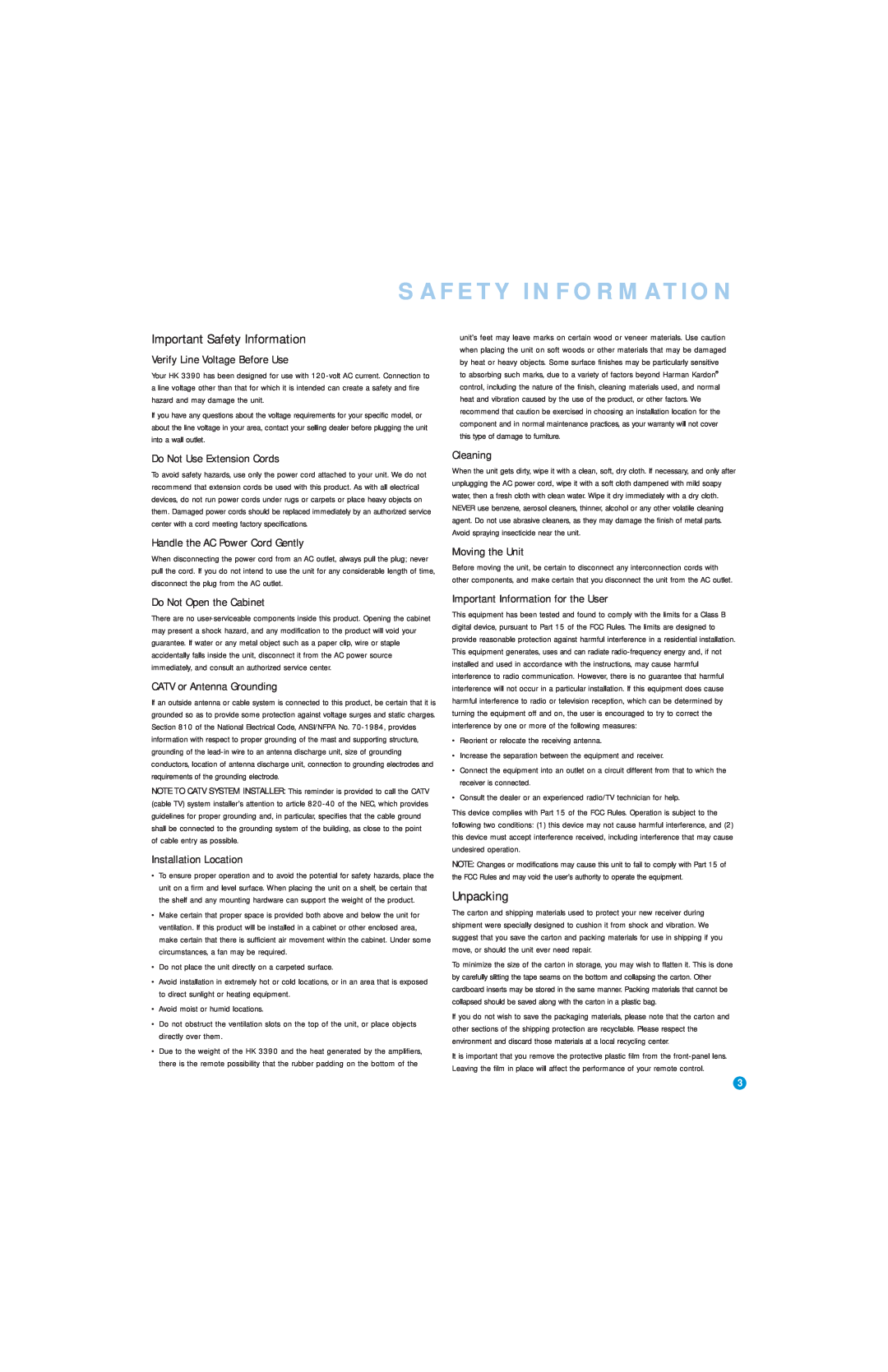 Harman-Kardon HK 3390 Important Safety Information, Unpacking, Verify Line Voltage Before Use, Do Not Use Extension Cords 