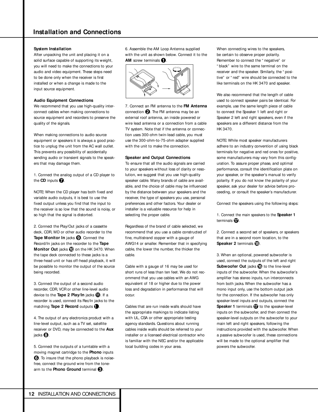 Harman-Kardon HK 3470 owner manual Installation and Connections, System Installation, Audio Equipment Connections 