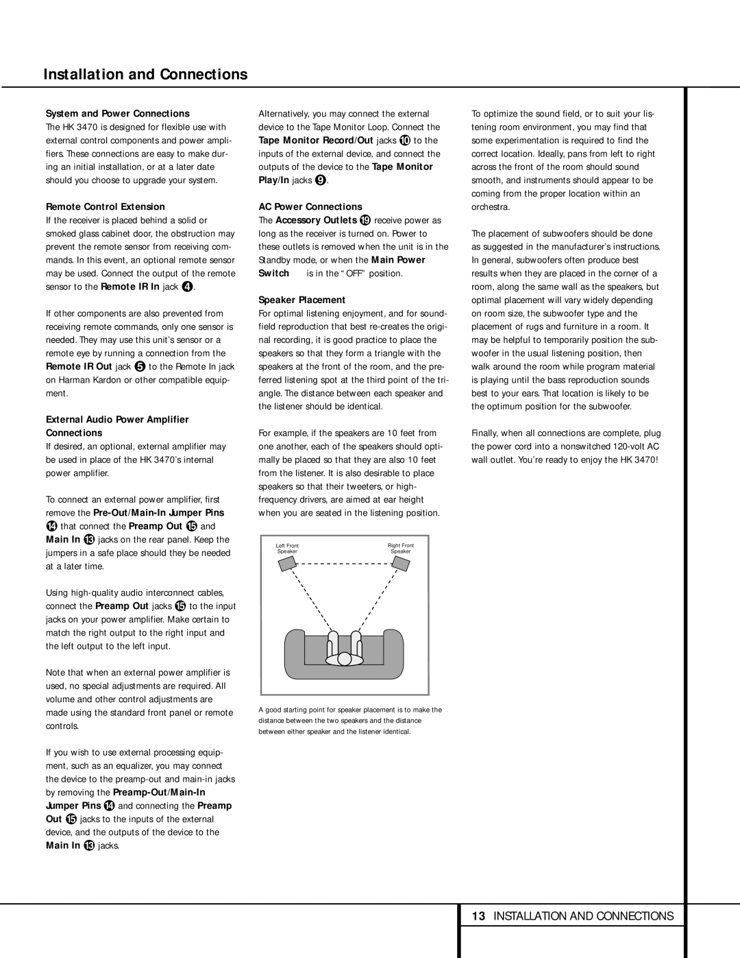 Harman-Kardon HK 3470 System and Power Connections, Remote Control Extension, External Audio Power Amplifier Connections 