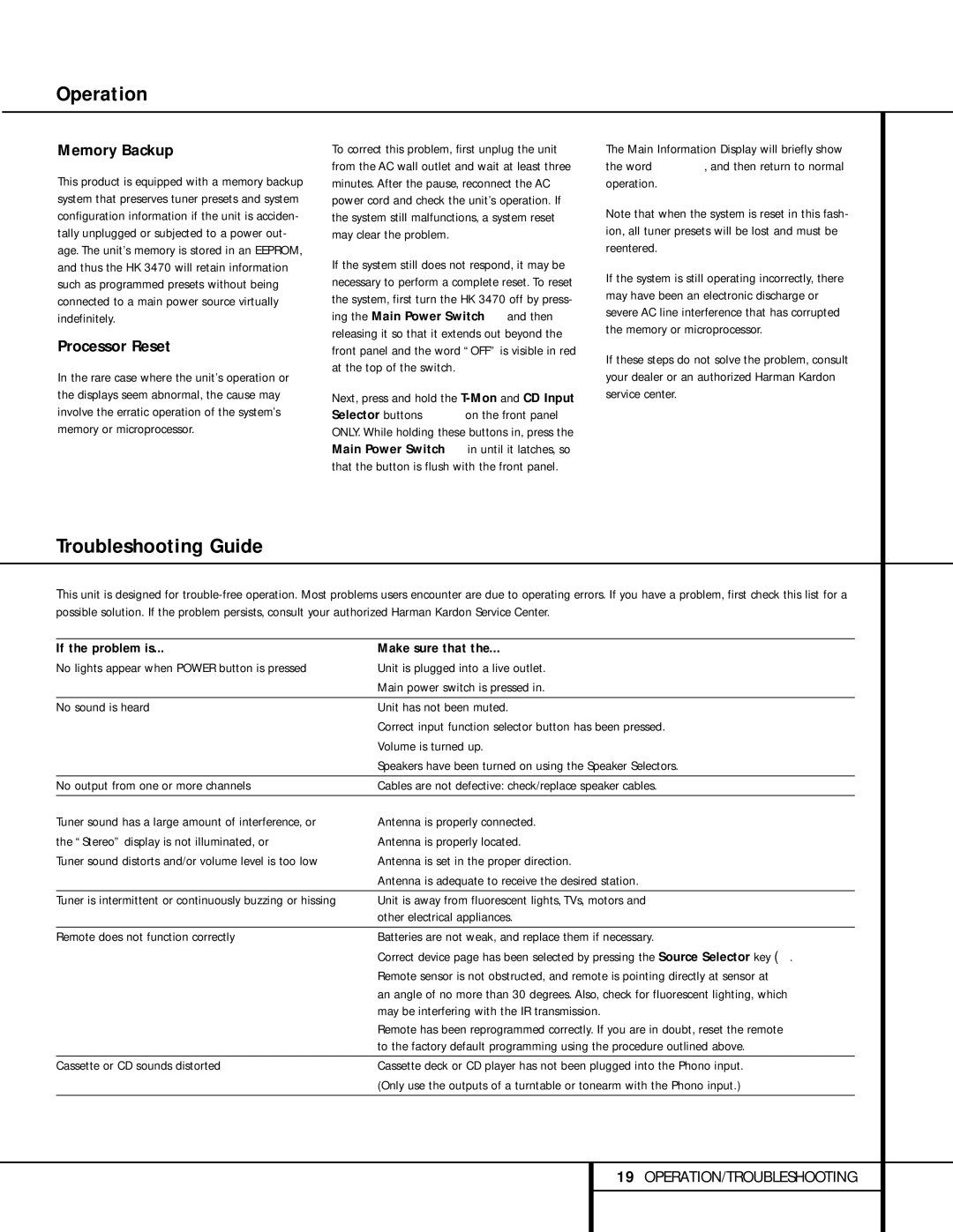 Harman-Kardon HK 3470 owner manual Troubleshooting Guide, Memory Backup, Processor Reset, If the problem is Make sure that 