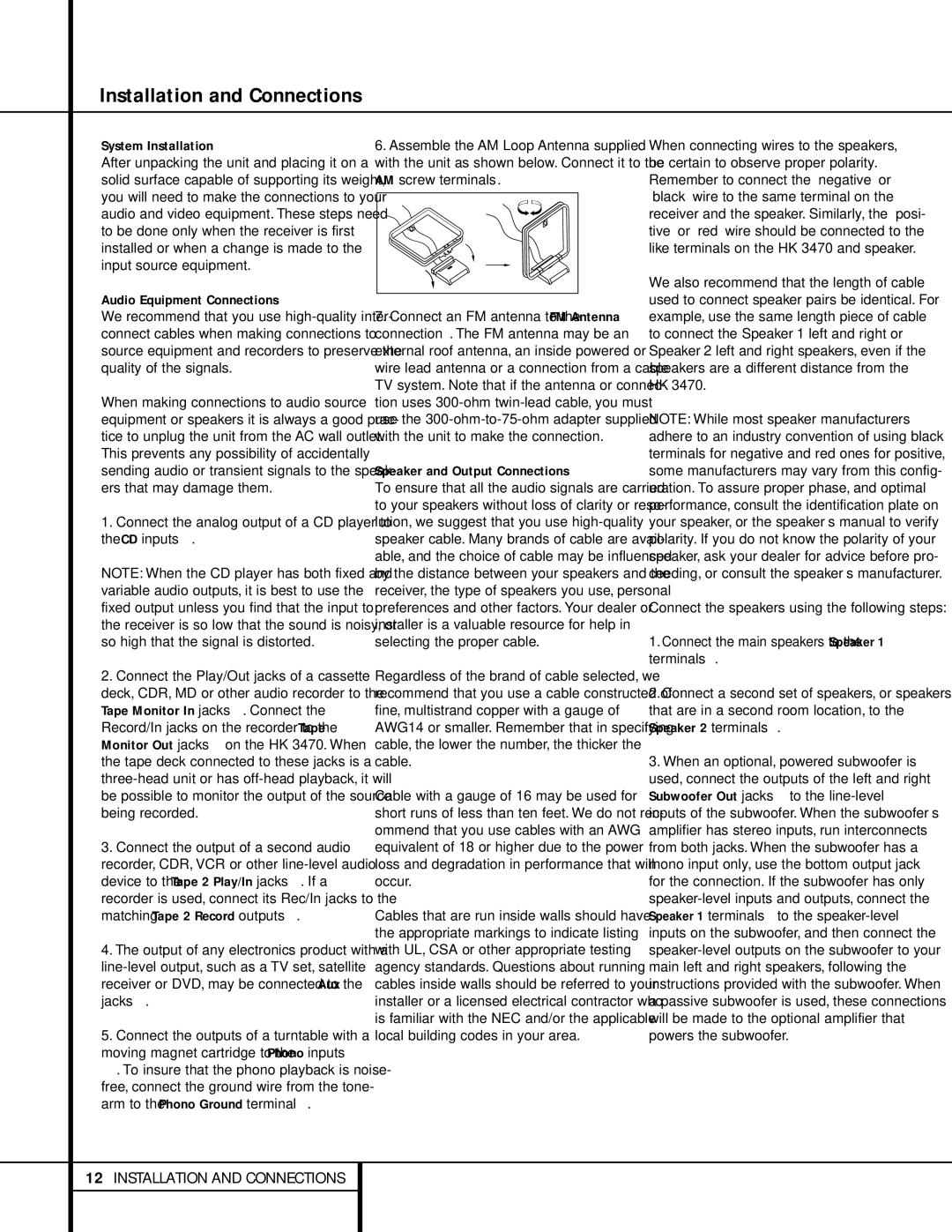 Harman-Kardon HK 3470 owner manual Installation and Connections, System Installation, Audio Equipment Connections 