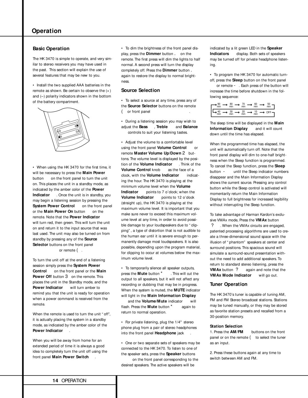 Harman-Kardon HK 3470 owner manual Basic Operation, Source Selection, Tuner Operation, Station Selection 