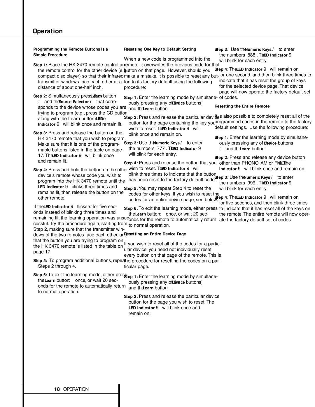 Harman-Kardon HK 3470 Programming the Remote Buttons Is a Simple Procedure, Resetting One Key to Default Setting 