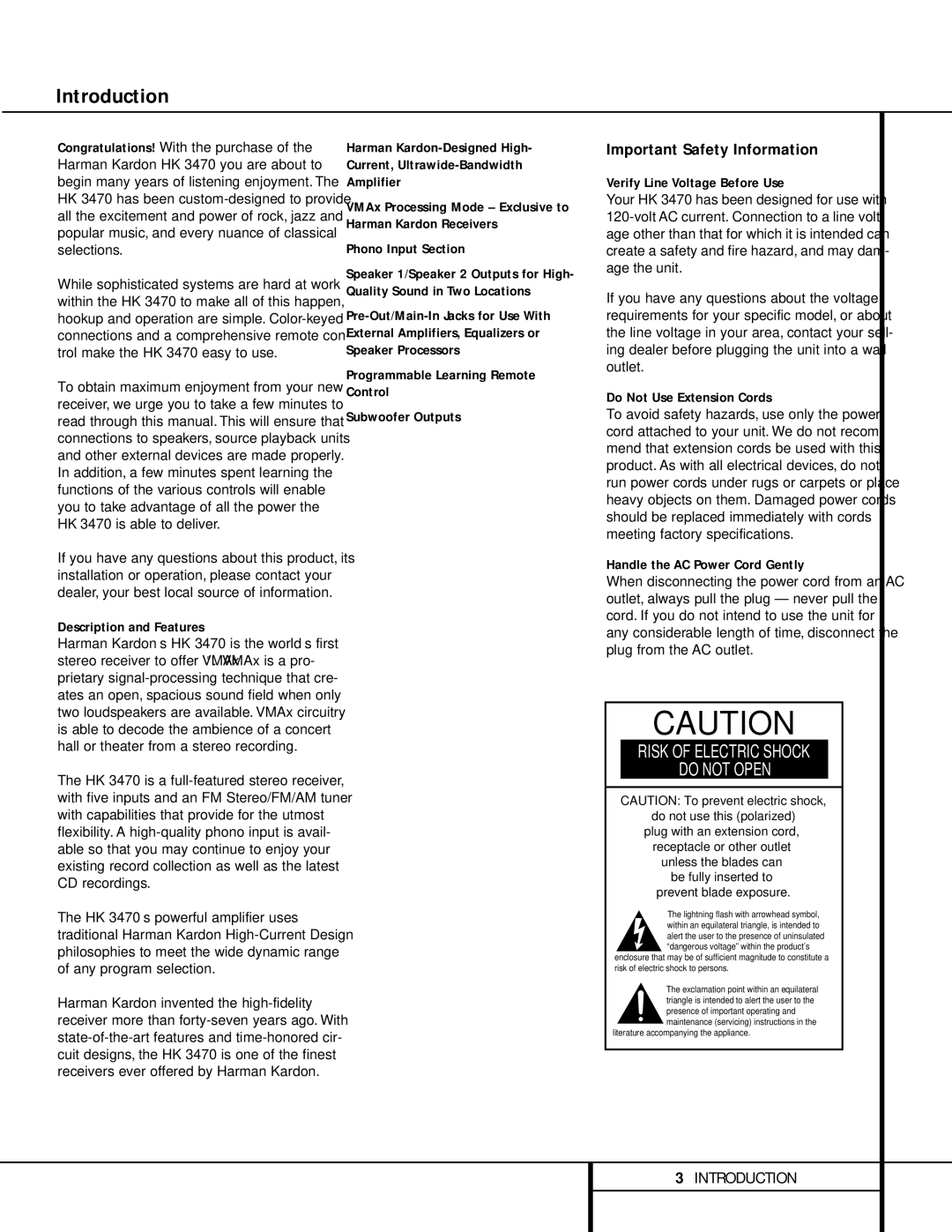 Harman-Kardon HK 3470 owner manual Introduction, Important Safety Information 