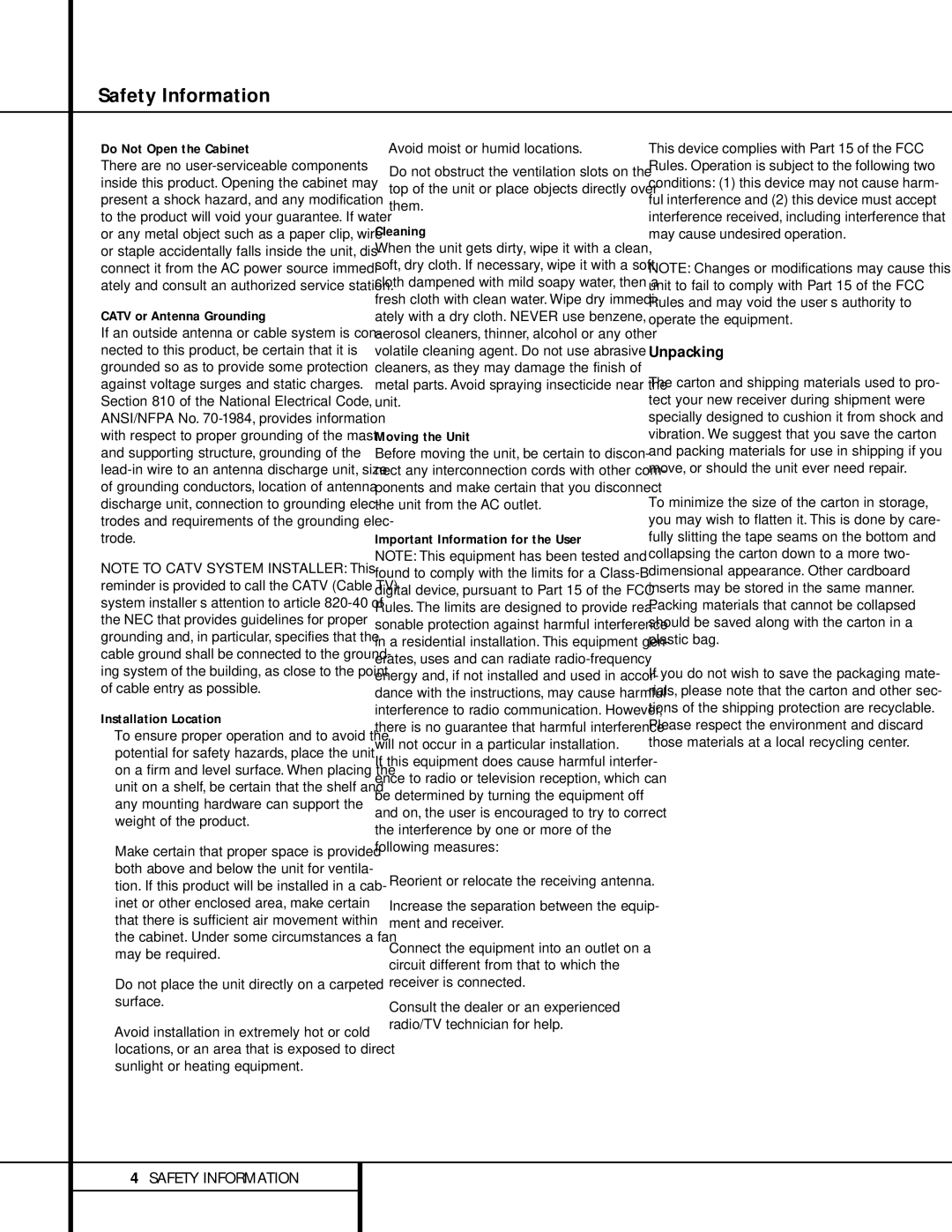 Harman-Kardon HK 3470 owner manual Safety Information, Unpacking 