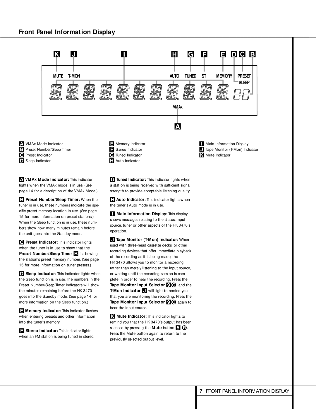 Harman-Kardon HK 3470 owner manual Front Panel Information Display, Mute Indicator This indicator lights to 