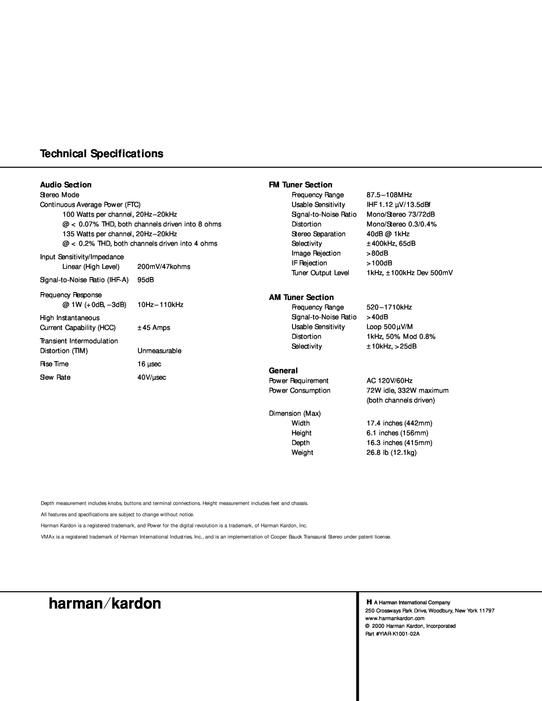 Harman-Kardon HK 3470 owner manual Technical Specifications, Audio Section, FM Tuner Section, AM Tuner Section, General 