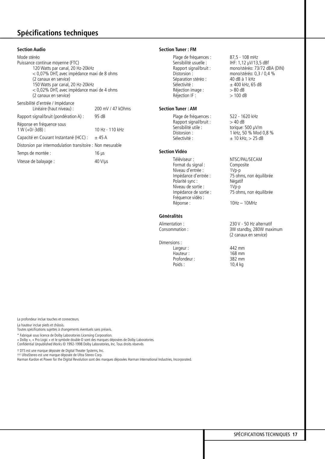 Harman-Kardon HK 3480 manual Spécifications techniques, Section Audio Section Tuner FM, Section Tuner AM, Section Vidéo 