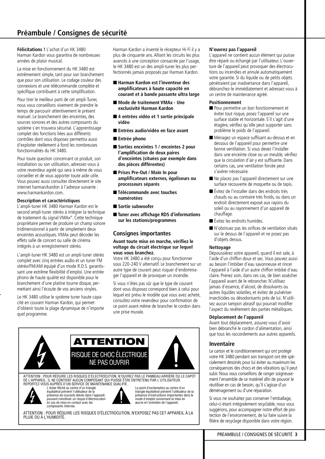 Harman-Kardon HK 3480 manual Préambule / Consignes de sécurité, Consignes importantes, Inventaire 