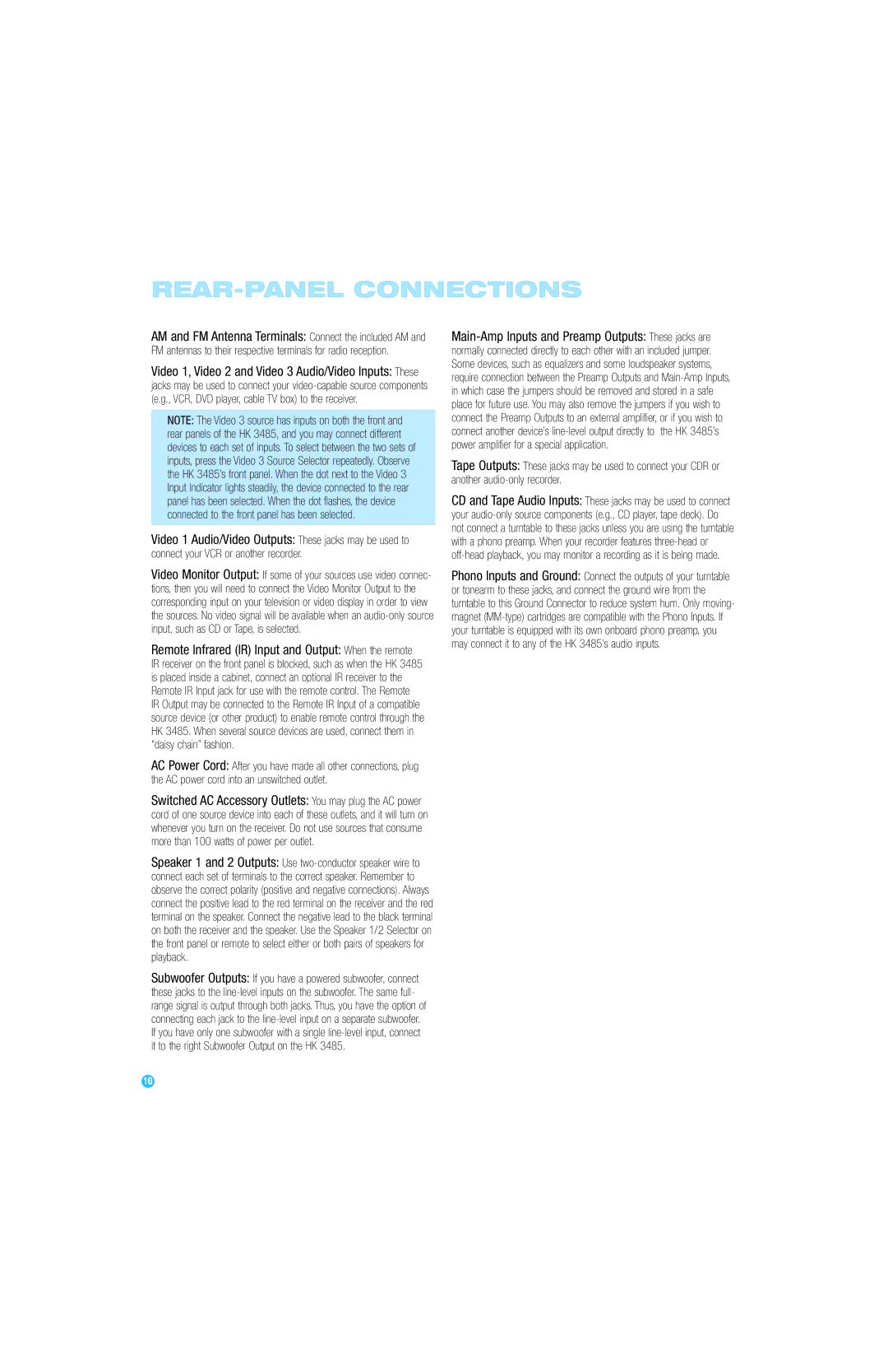 Harman-Kardon HK 3485 owner manual REAR-PANEL Connections 