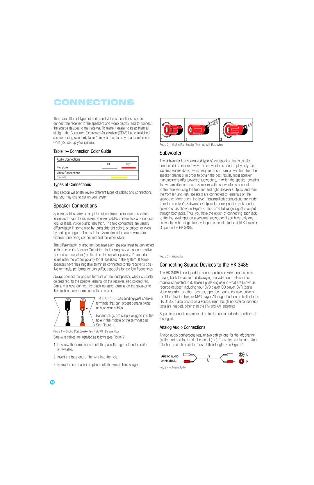 Harman-Kardon HK 3485 owner manual Speaker Connections, Subwoofer, Connecting Source Devices to the HK 