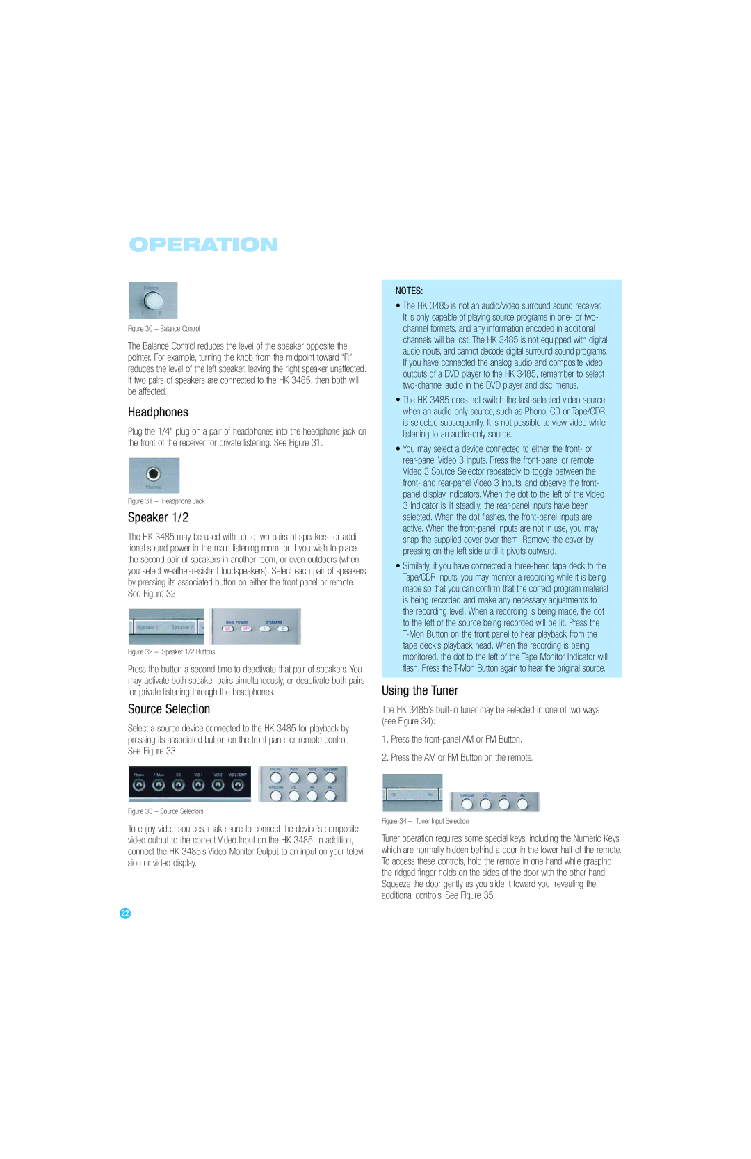 Harman-Kardon HK 3485 owner manual Headphones, Speaker 1/2, Source Selection, Using the Tuner 