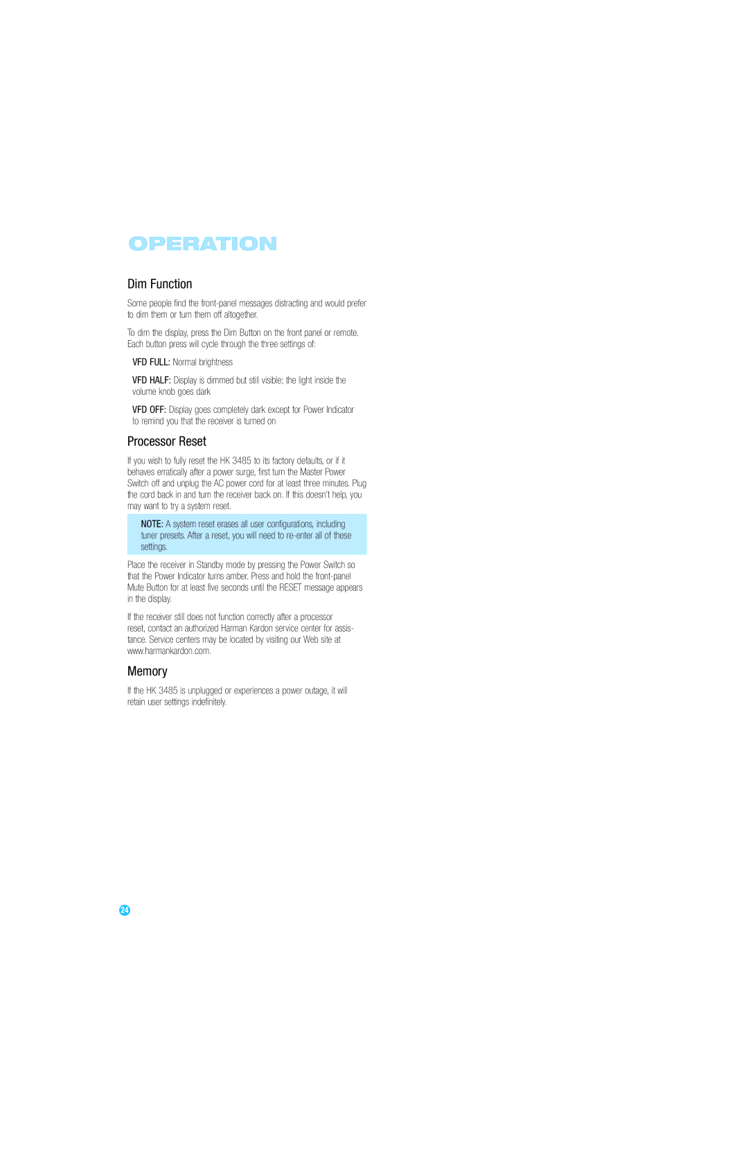 Harman-Kardon HK 3485 owner manual Dim Function, Processor Reset, Memory 