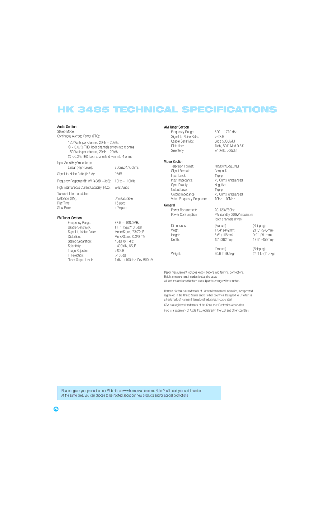 Harman-Kardon owner manual HK 3485 Technical Specifications, Ntsc/Pal/Secam 