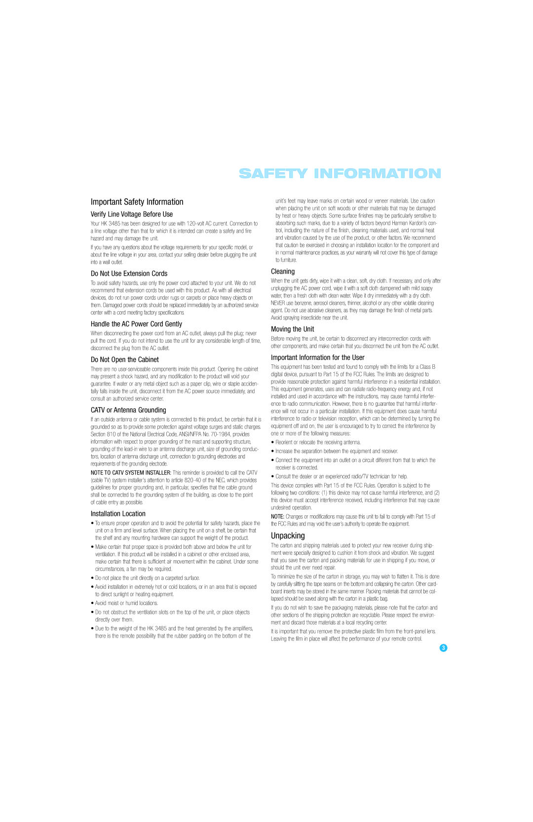 Harman-Kardon HK 3485 owner manual Important Safety Information 