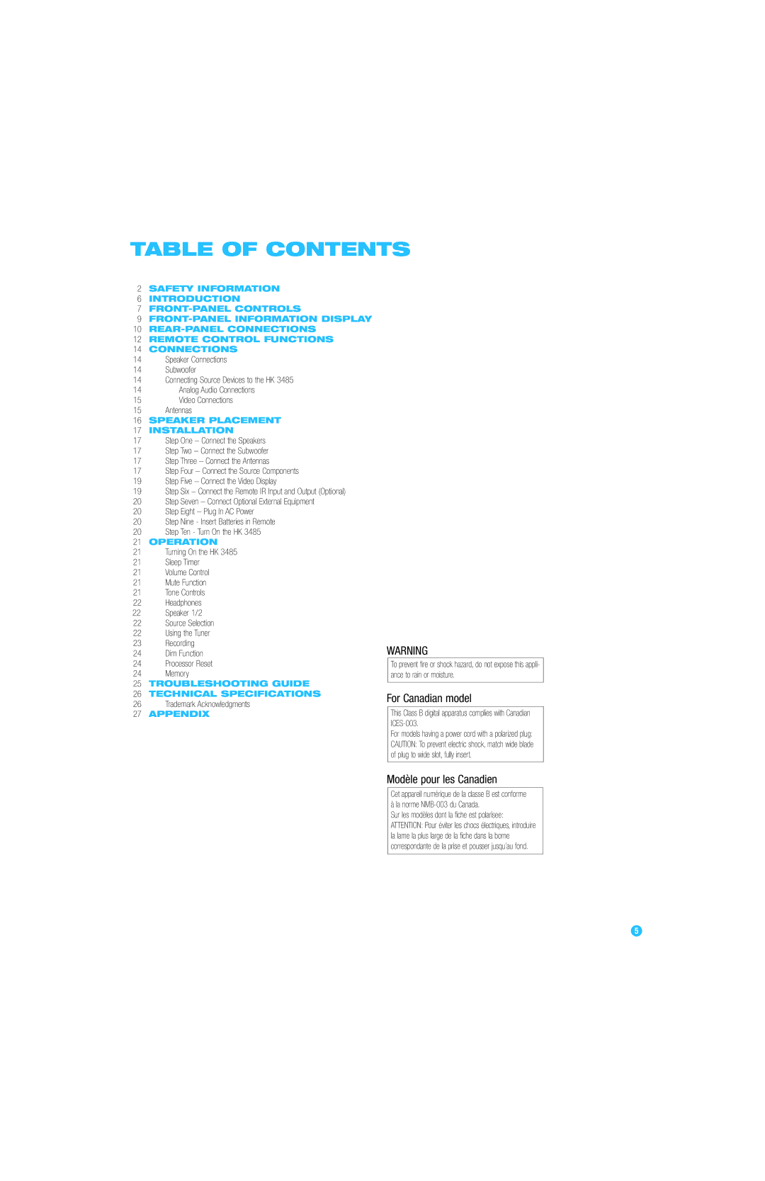 Harman-Kardon HK 3485 owner manual Table of Contents 