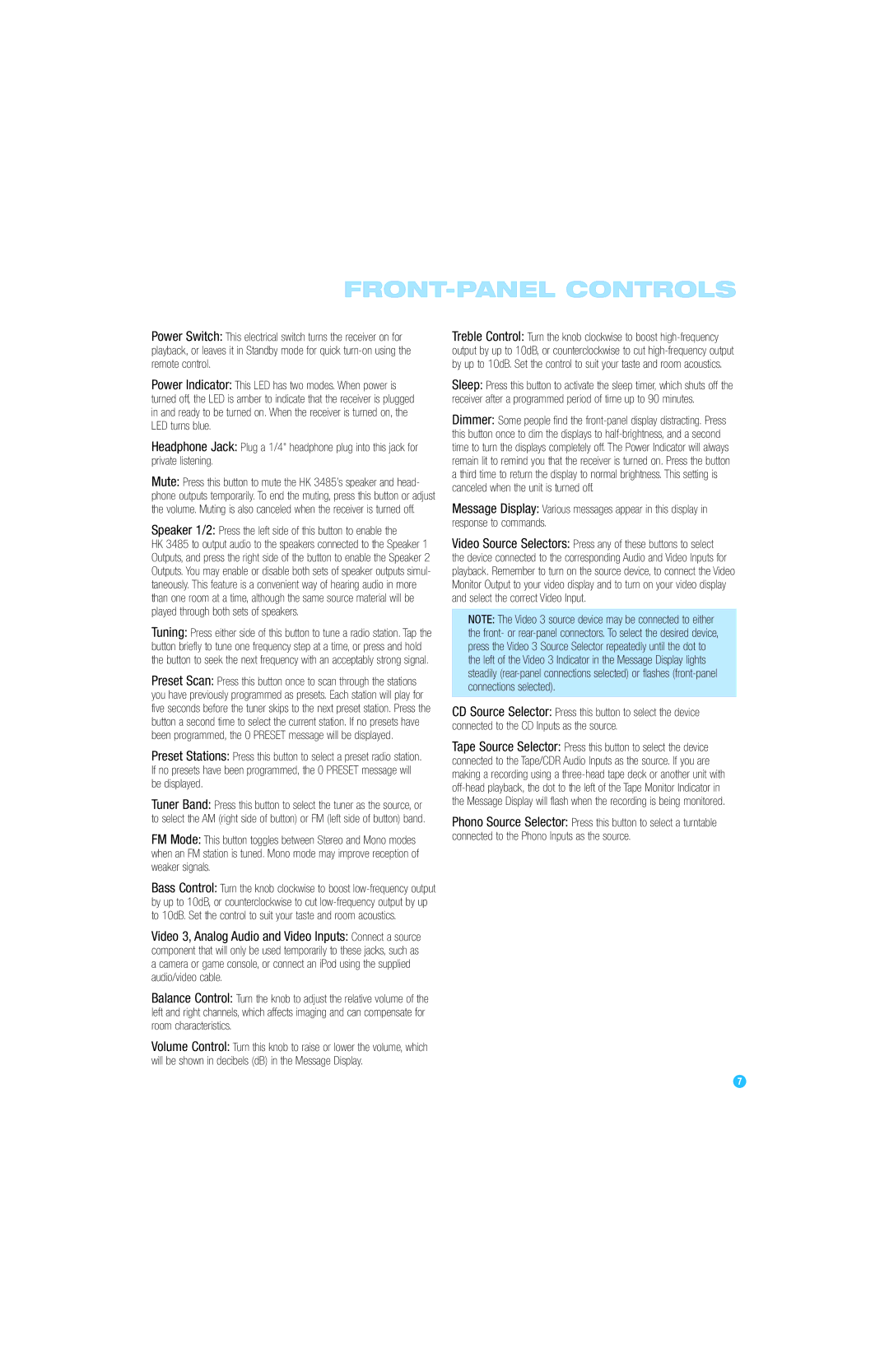 Harman-Kardon HK 3485 owner manual FRONT-PANEL Controls, Speaker 1/2 Press the left side of this button to enable 