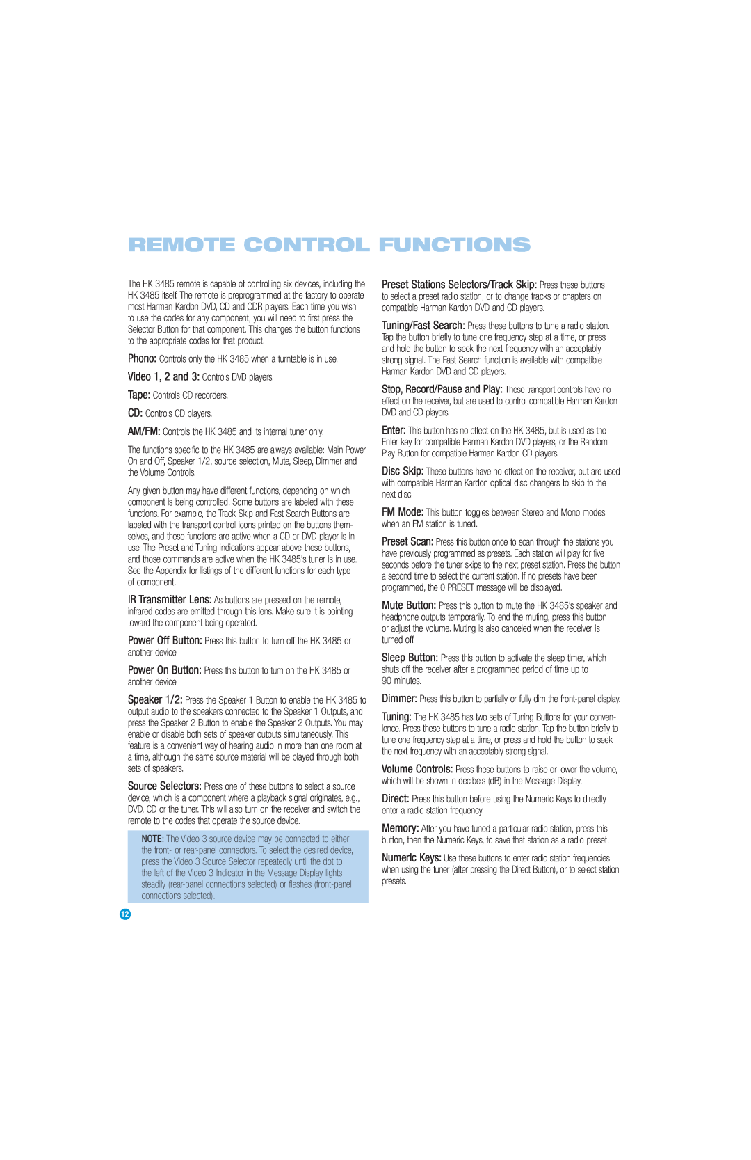 Harman-Kardon HK 3485 owner manual Remote Control Functions 