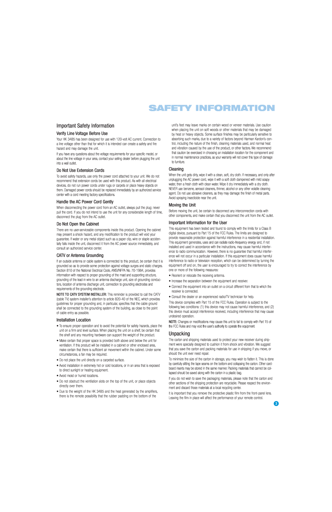 Harman-Kardon HK 3485 Important Safety Information, Unpacking, Verify Line Voltage Before Use, Do Not Use Extension Cords 