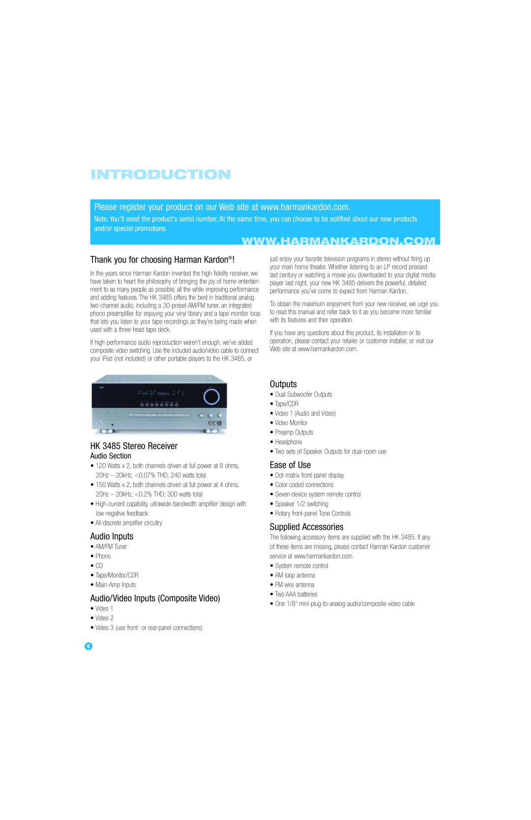 Harman-Kardon Introduction, Thank you for choosing Harman Kardon, Outputs, HK 3485 Stereo Receiver, Ease of Use 