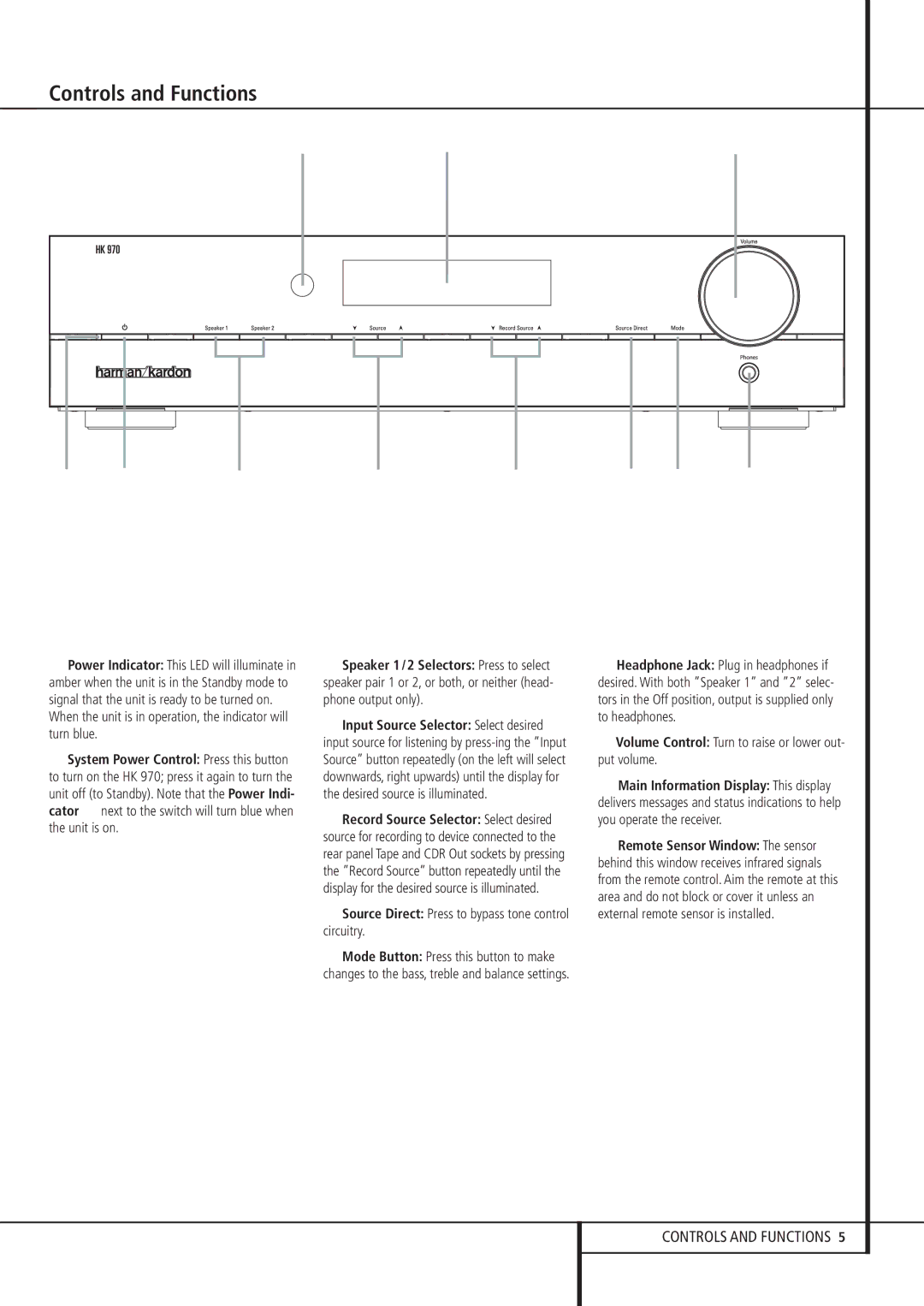 Harman-Kardon HK 970 owner manual Controls and Functions, Source Direct Press to bypass tone control circuitry 