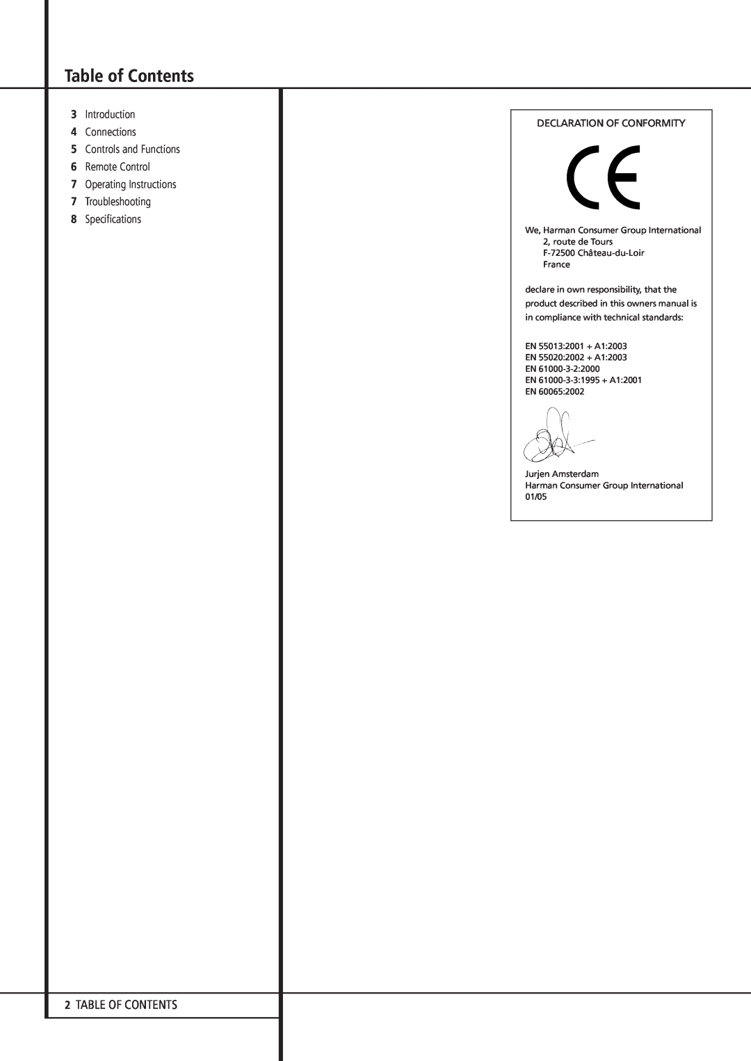 Harman-Kardon HK 970 owner manual Table of Contents, 2TABLE OF CONTENTS 