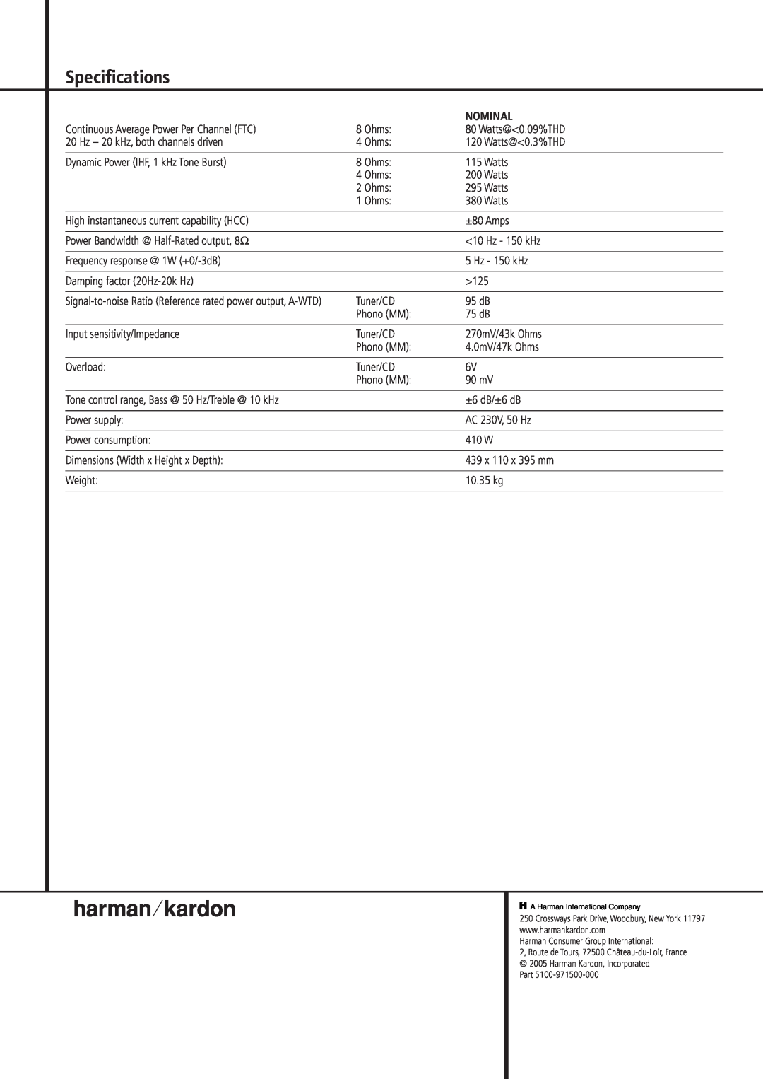 Harman-Kardon HK 970 owner manual Specifications, Nominal 