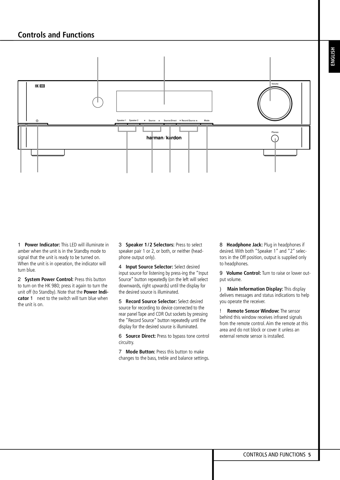 Harman-Kardon HK 980 owner manual Controls and Functions, Source Direct Press to bypass tone control circuitry 