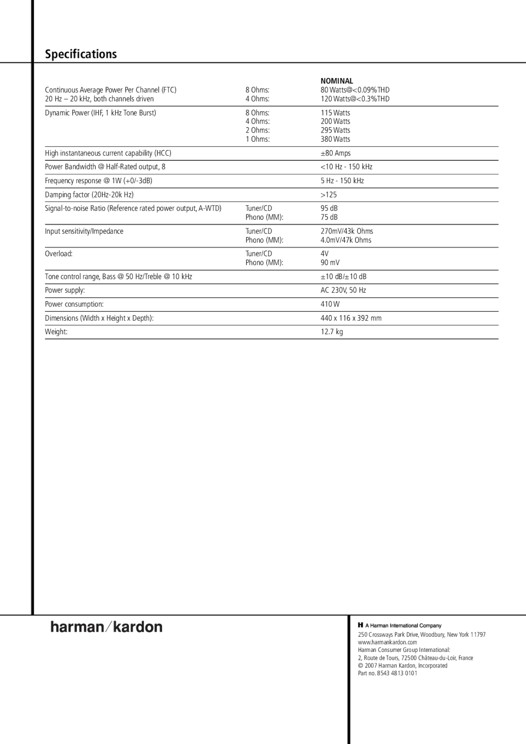 Harman-Kardon HK 980 owner manual Specifications, Nominal 