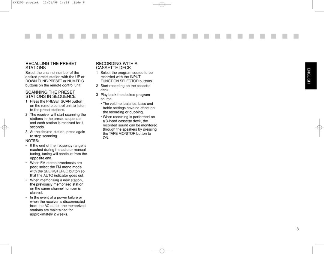 Harman-Kardon HK3250 manual Recalling the Preset Stations, Recording with a Cassette Deck 