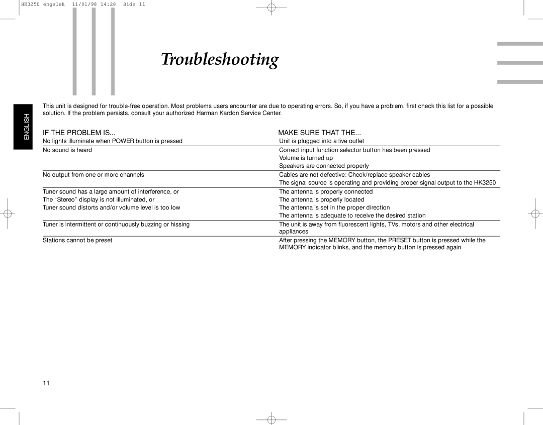 Harman-Kardon HK3250 manual Troubleshooting, If the Problem is Make Sure That 